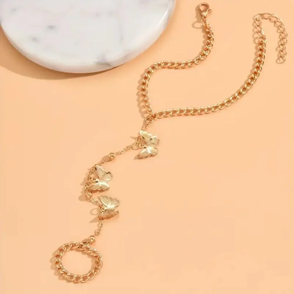 NEW Gold Chain Hand Bracelet with Butterfly Charms – Vintage style Ring Bracelet - Picture 2 of 2